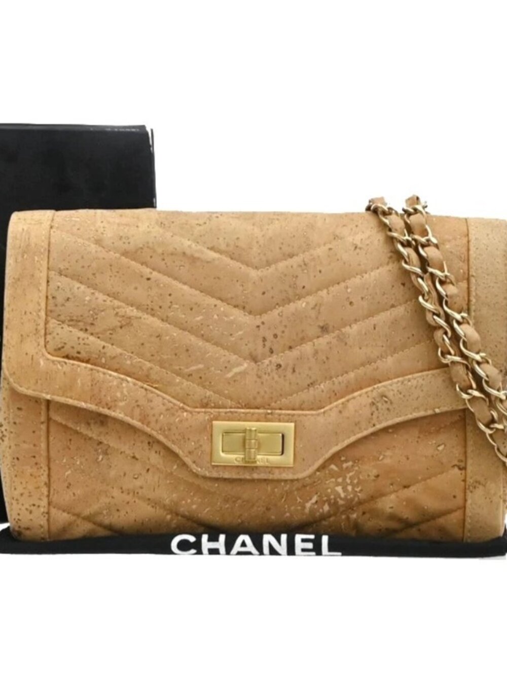 CHANEL Logo 2.55 Chevron Chain Shoulder Bag Cork Leather Beige GHW